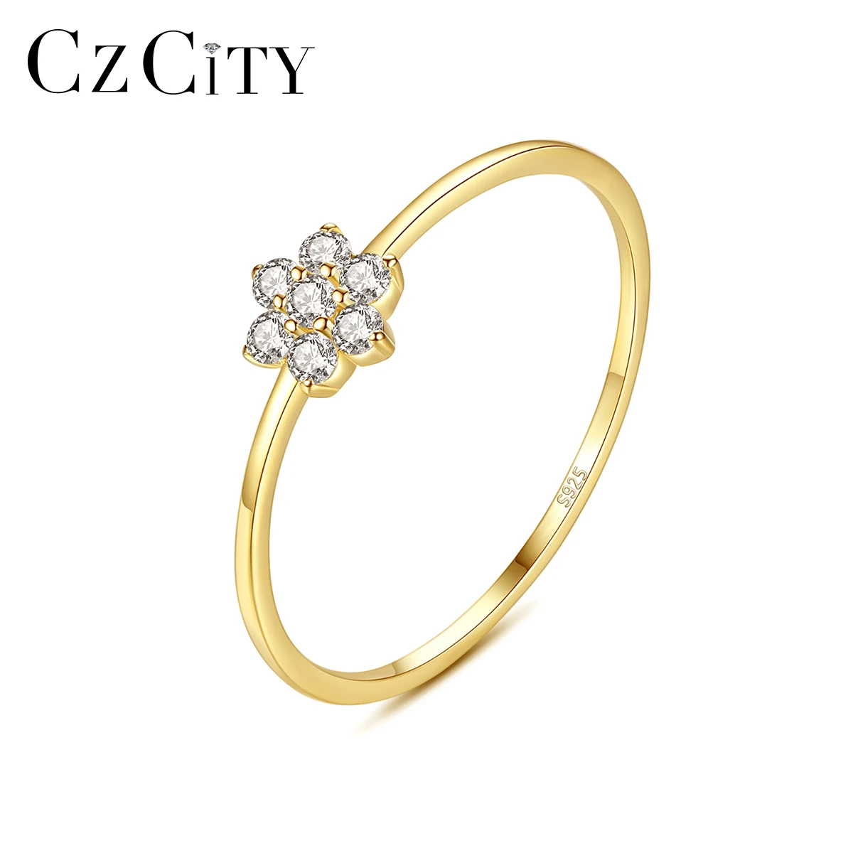 CZCITY Gold Plated Women Finger Hand Ring Silver Cute Thin Silver Ring Bands Flower Rings for Girl