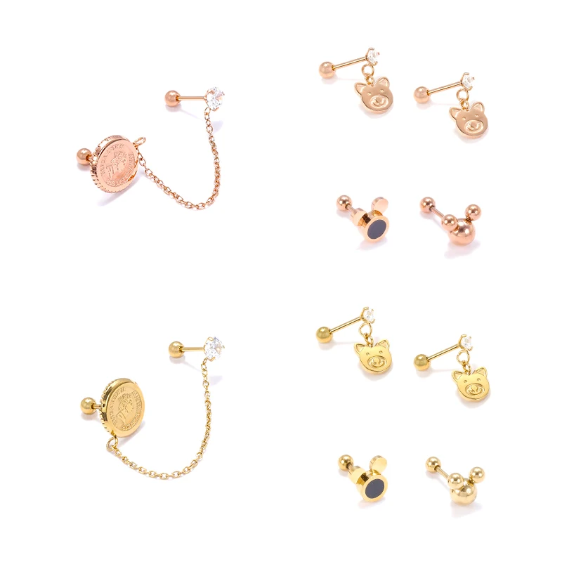 

HOVANCI bar stud earrings findings 2020 new styles ear piercing cute animal pig mouse mini gold stud earrings, Gold,rose gold