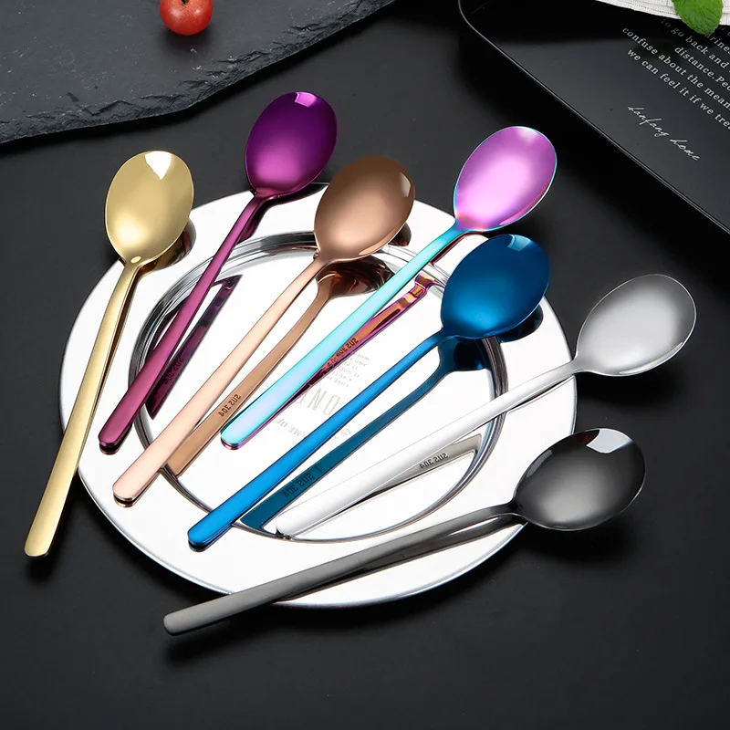 

Hot Sale Colorful 304 Stainless Steel Creative Korean Spoon Golden Coffee Cupping Round Spoon, Silver,gold,rose gold,rainbow,black,blue,purple