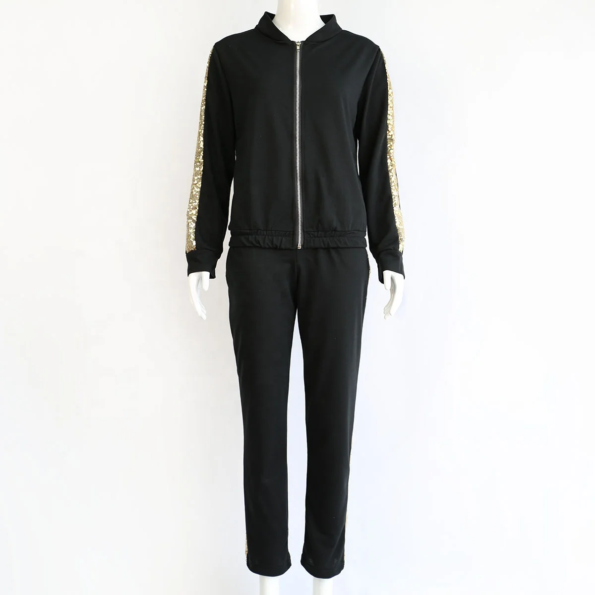 

2021 New Fashion Solid Color Long Sleeve Patchwork Sequins Side Stripe Zip Up Tracksuits Two Piece Set Sports Wear for Women