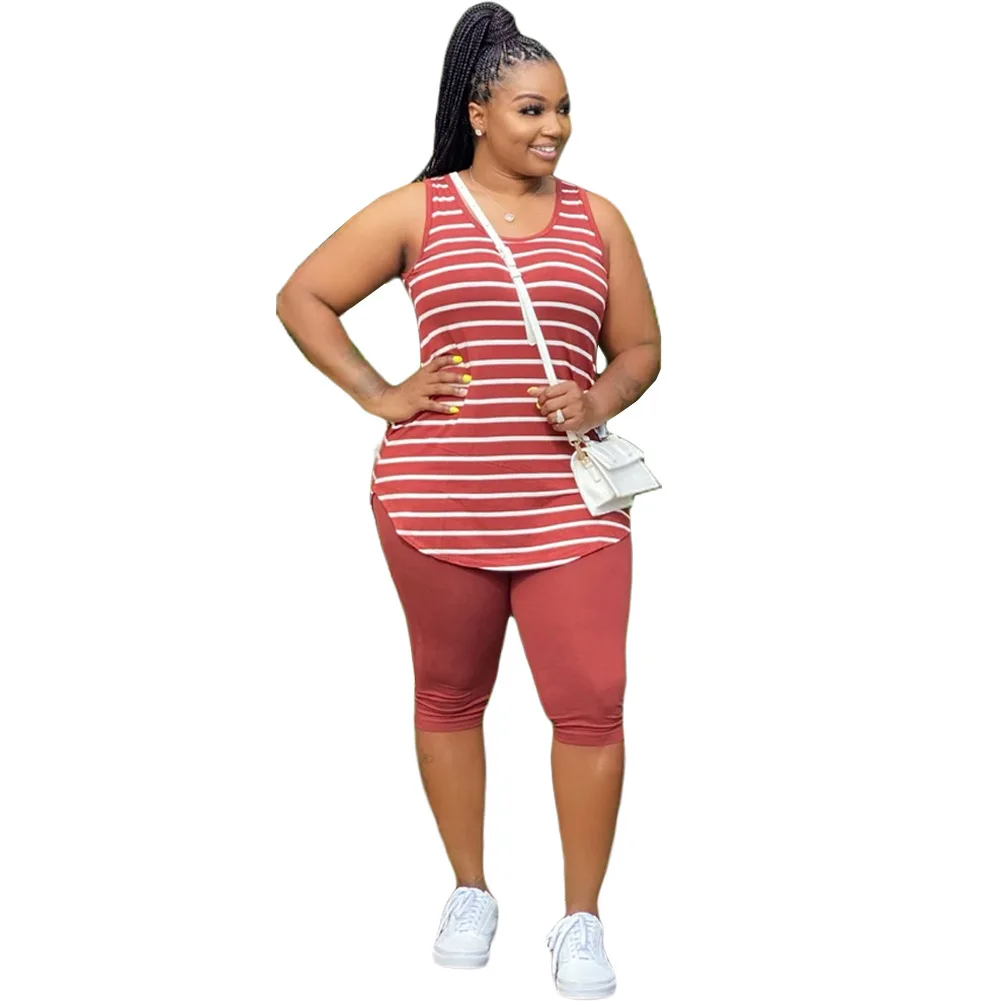

Plus Size Striped Two Piece Set Tracksuit Women Summer Outfits Cotton Top Biker Shorts Sweat Suits Lounge Wear Matching Sets, Red, gray, black, army green, green