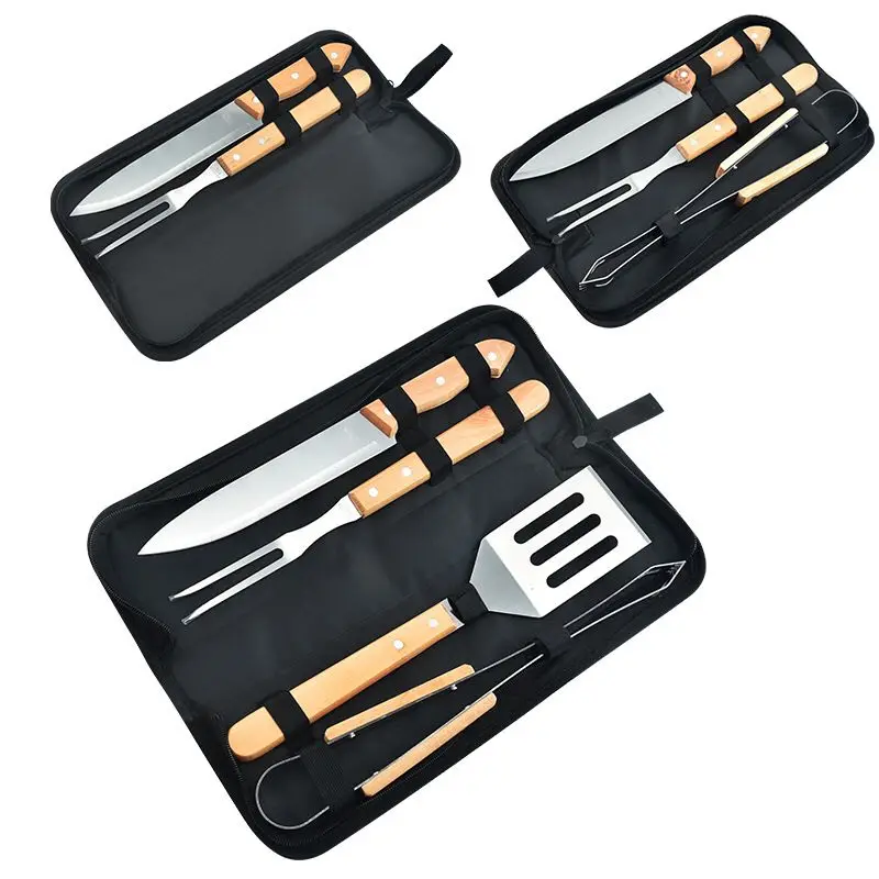 

Wooden handle grill set BBQ grill tool combination outdoor household stainless steel fork shovel clamp