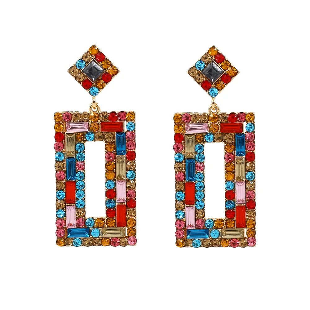 

JUHU Explosive European and American style fashion temperament alloy diamond earrings geometric crystal earrings wholesale, Colorful