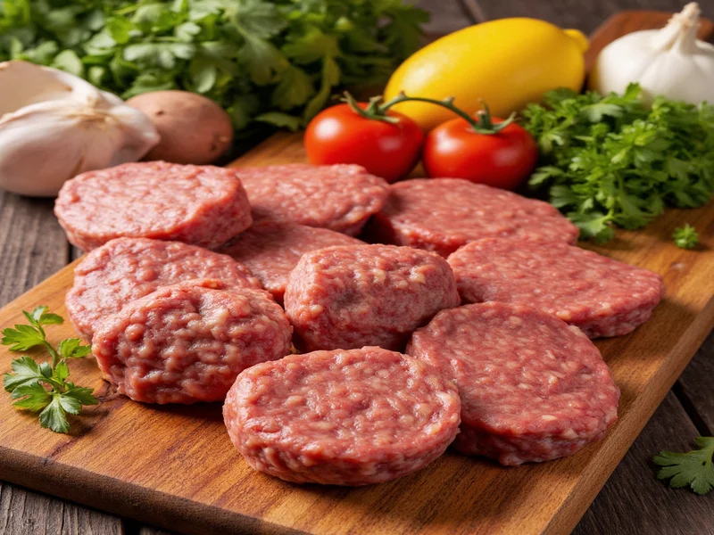 Fresh ingredients for meatball preparation on wooden board