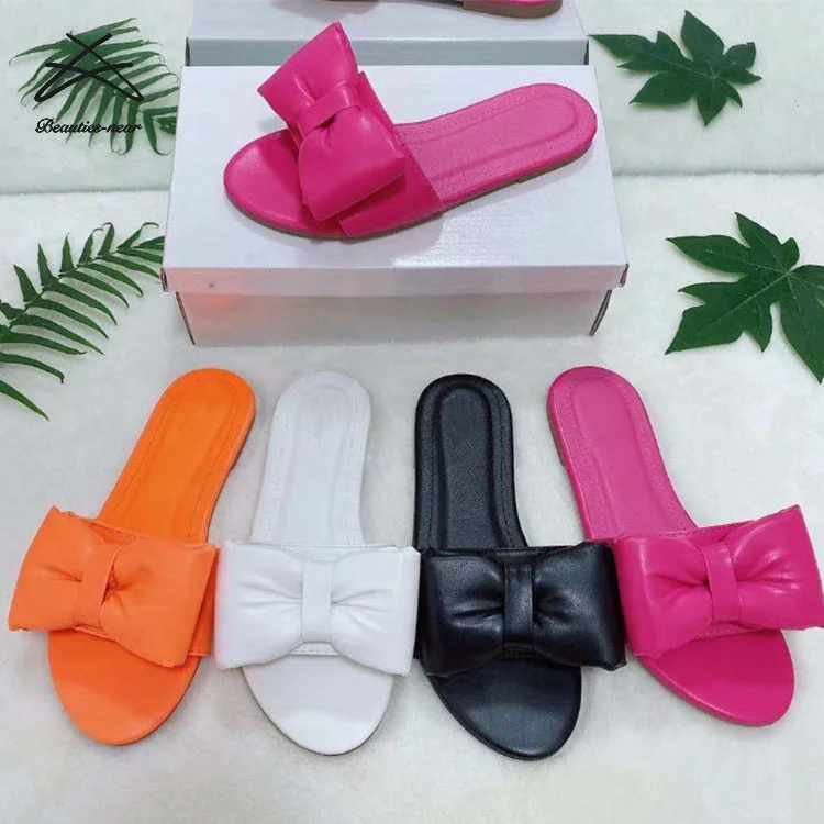 

RTS 2021 Wholesale Africa Style Fashion Sexy Lady bow Clear Leather Slides Women's Slippers, Black,white,rose red,orange