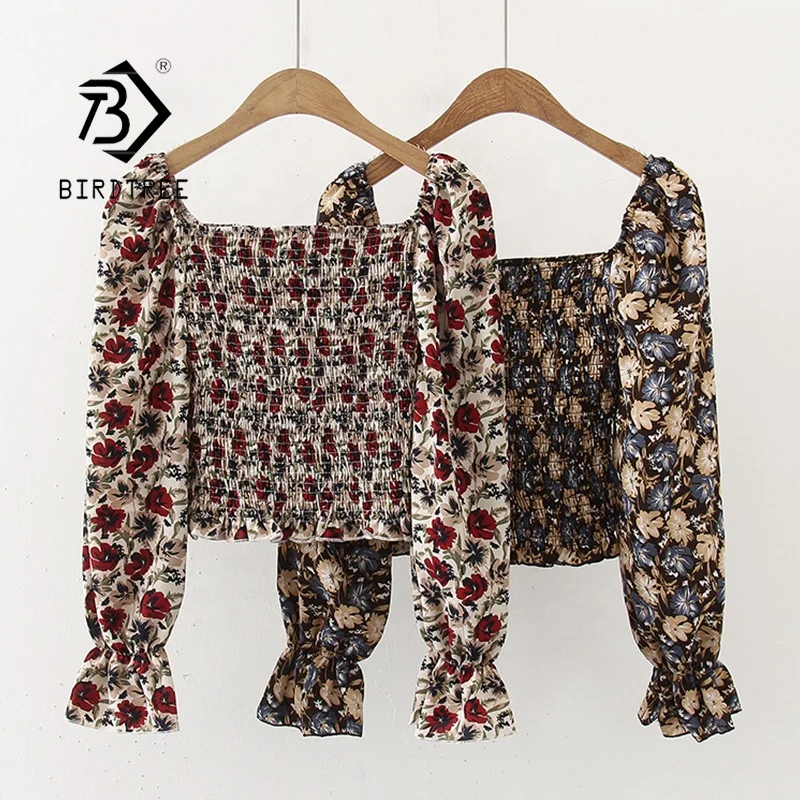 

New Floral Printing Short Blouse Women Spring Autumn Slim Shirt Long Puff Sleeve Outerwear Crop Tops Retro T0D009T, 2 colour
