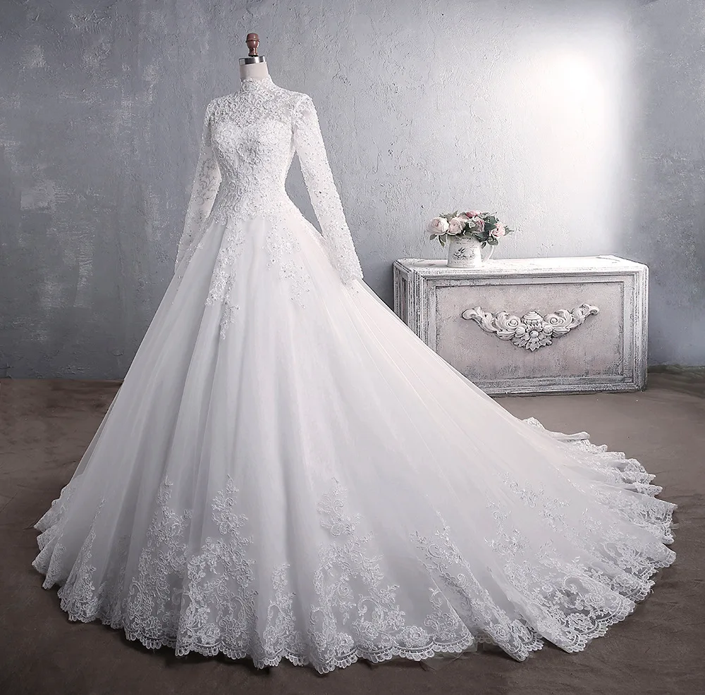 

Ball Gown Princess Lace Muslim Wedding Dress Long Sleeve stand collar women wedding dress plus size lady bridal gown, White