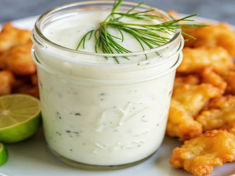 Homemade tartar sauce in mason jar with dill garnish