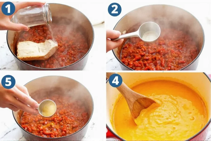 Step-by-step visual guide showing how to make cornstarch slurry for thickening chili