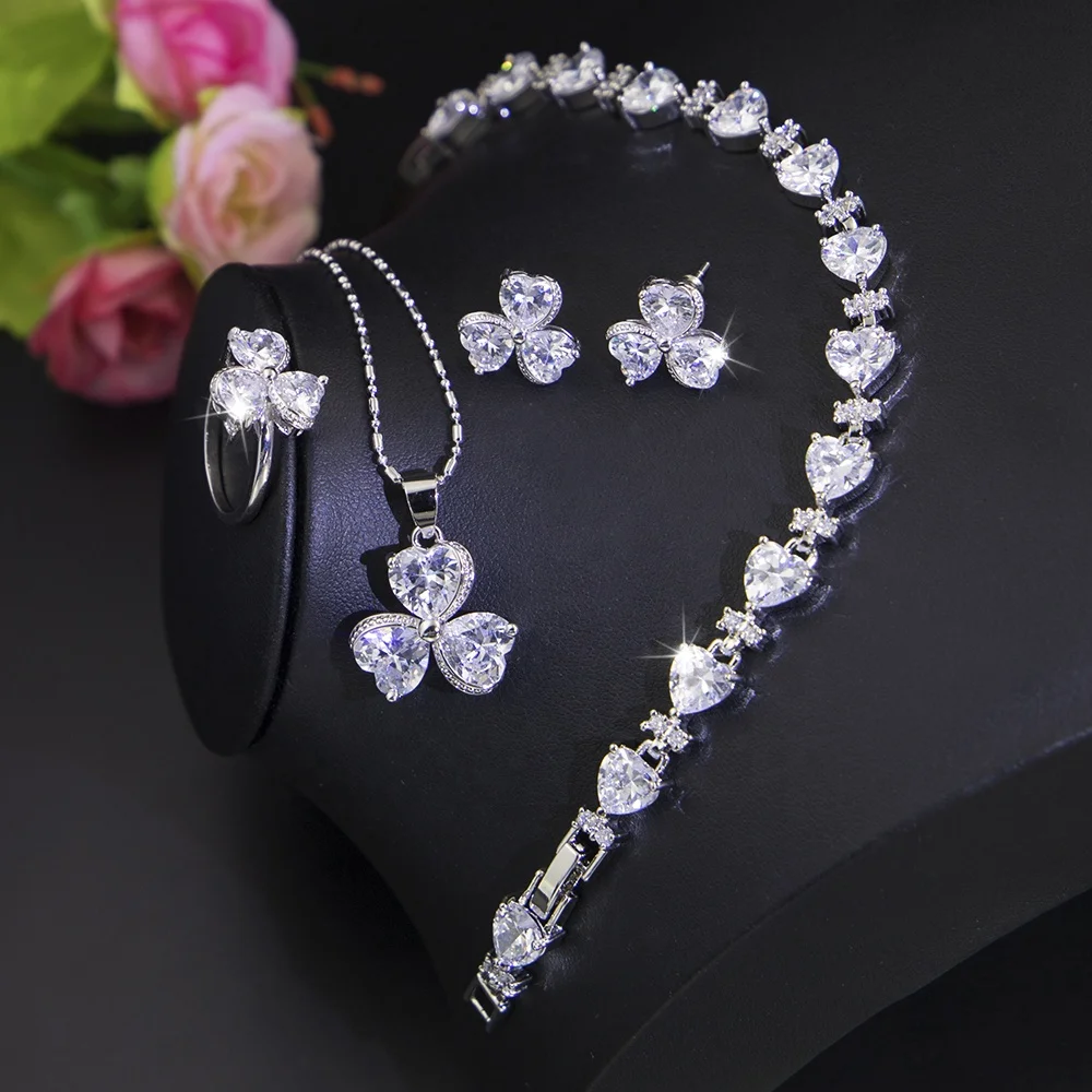 

High quality fashion clover emerald zircon 4 pieces heart 925 sterling silver jewelry women necklace and earring jewelry sets