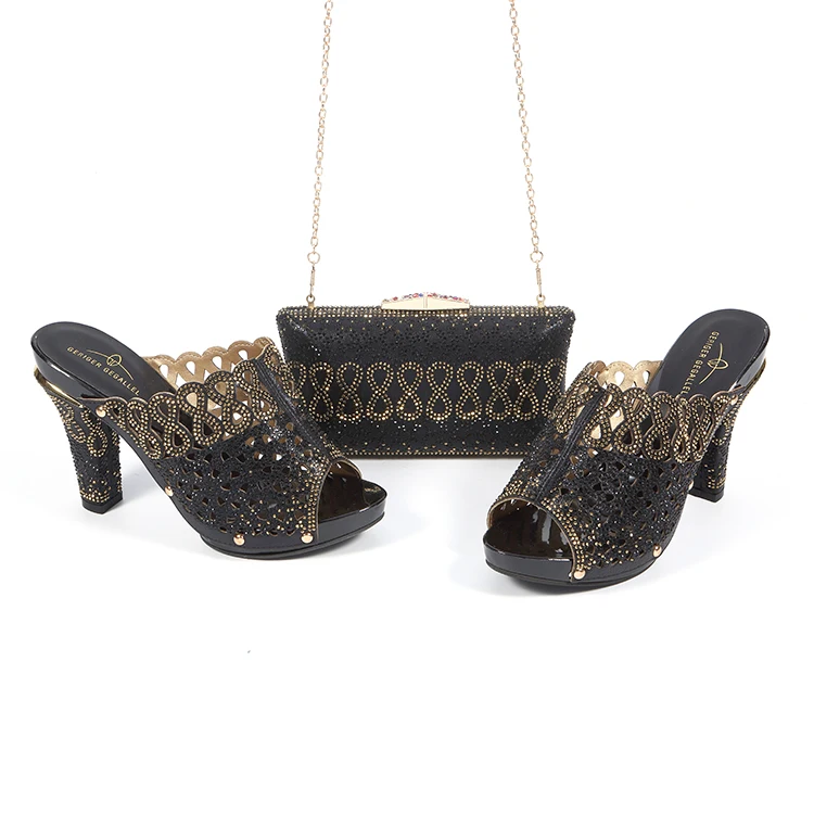 

China cheap black hollow high heel slippers shoes and bags set matching