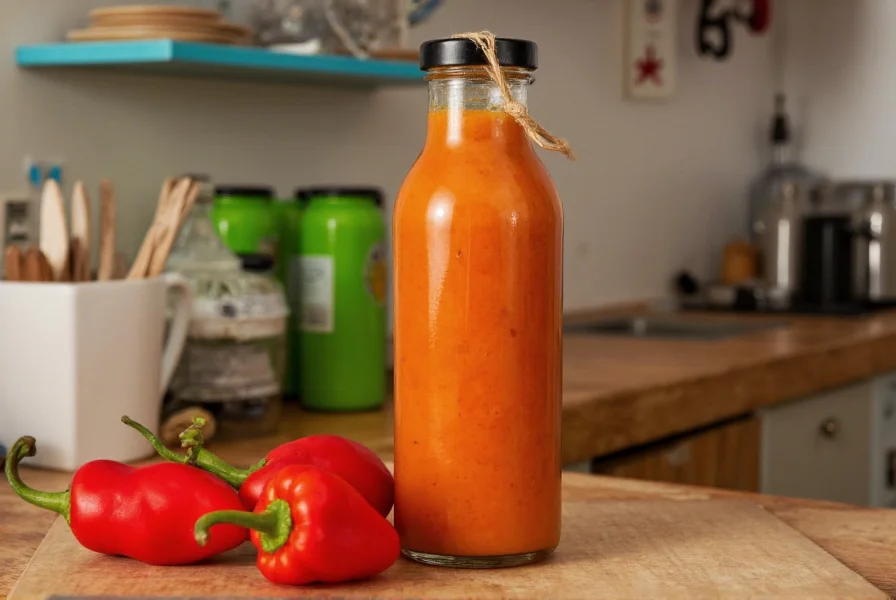 Close-up of Marie Sharp's habanero pepper sauce bottle showing its vibrant orange color on a Belizean kitchen counter with fresh habanero peppers
