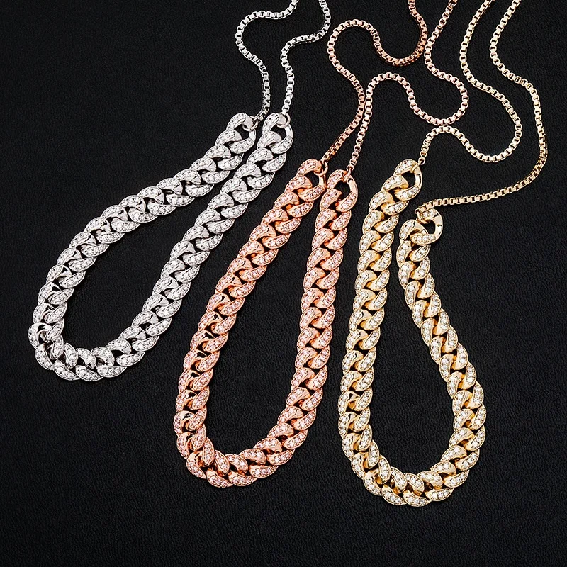 

New 10mm Cuban Chain Necklace With 8 inch Tail Chain Gift Iced Out Micro Pave CZ Women's Necklace Hip Hop Fashion Bling Jewelry, Silver,gold,rose,pink