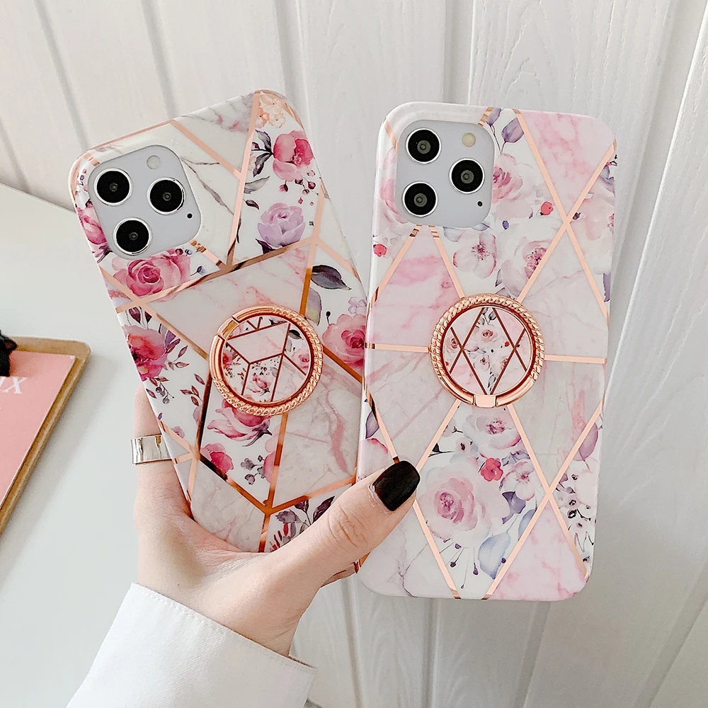 

Plating Flower Phone Case For Samsung S20 FE S21 S10 S9 Plus A52 A72 A32 A51 A71 A42 Note 20 10 Ring Holder Soft Cover, As the picture