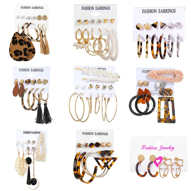 

2020 Bohemian Acrylic Geometric Pearl Hoop Earrings Set Leather Fringe Tassel Earrings Set, Picture