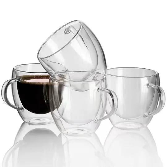 

Custom Water Drinking Double Wall Clear Borosilicate Glass Coffee Mugs Cup with Lids and Handle, Transparent