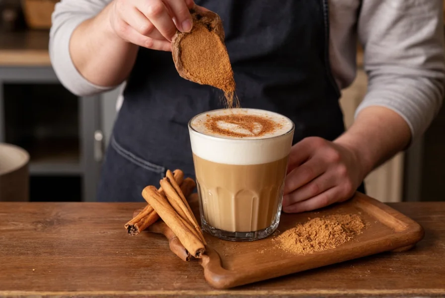 Barista crafting a cinnamon latte with cinnamon sticks and ground cinnamon displayed on wooden counter