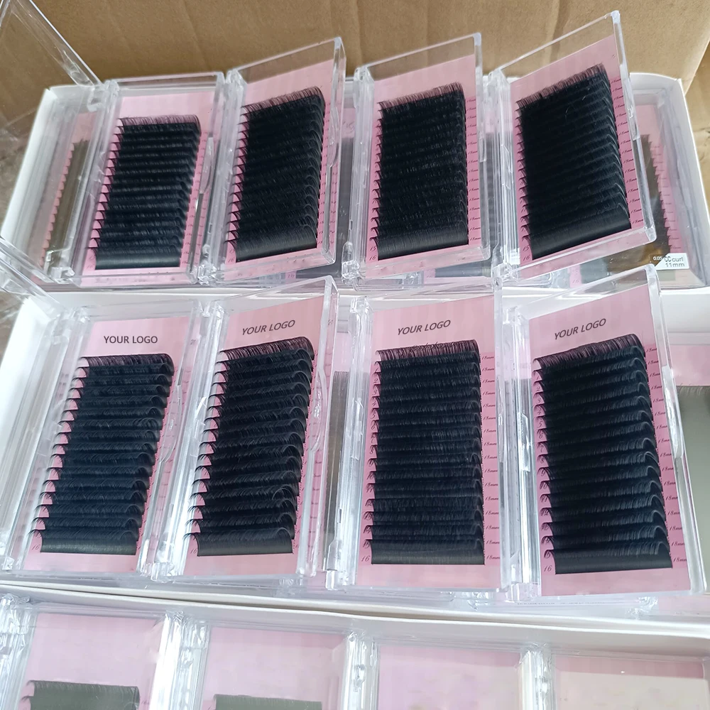 Custom logo Individual Eyelash Extension Lashes Matte Black Soft Velvet Fluffy Easy Fan Cashmere Eye Lash Extension Lash Tray