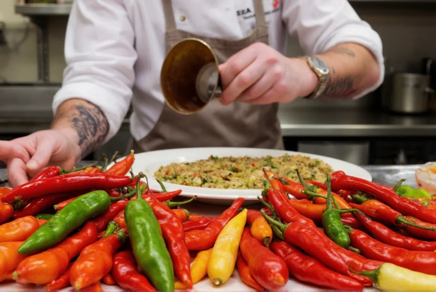 Koch bereitet Gericht mit verschiedenen Chilisorten vor