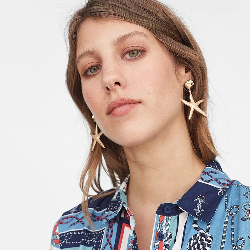 

Marine style holiday gold jewelry starfish shell earrings retro irregular stud earrings, Optional