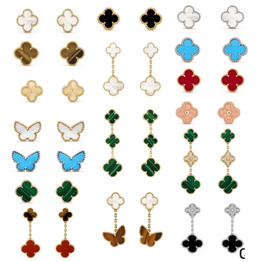 

High quality leaf earrings 100% S925 sterling silver original logo lucky clover earrings for women natural stone jewelry set