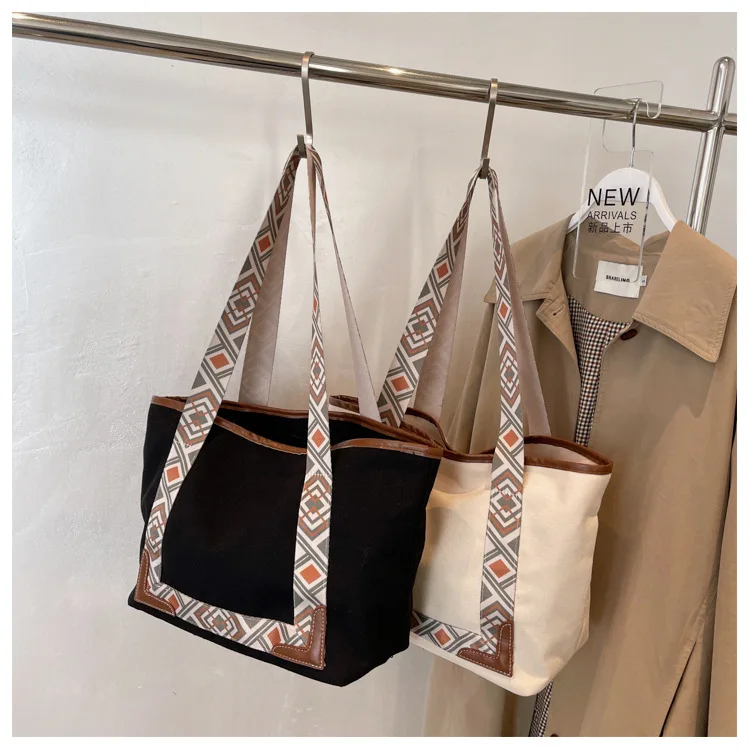 

New trendy large-capacity printed canvas bag college student portable casual cotton shopping bag, Black, beige