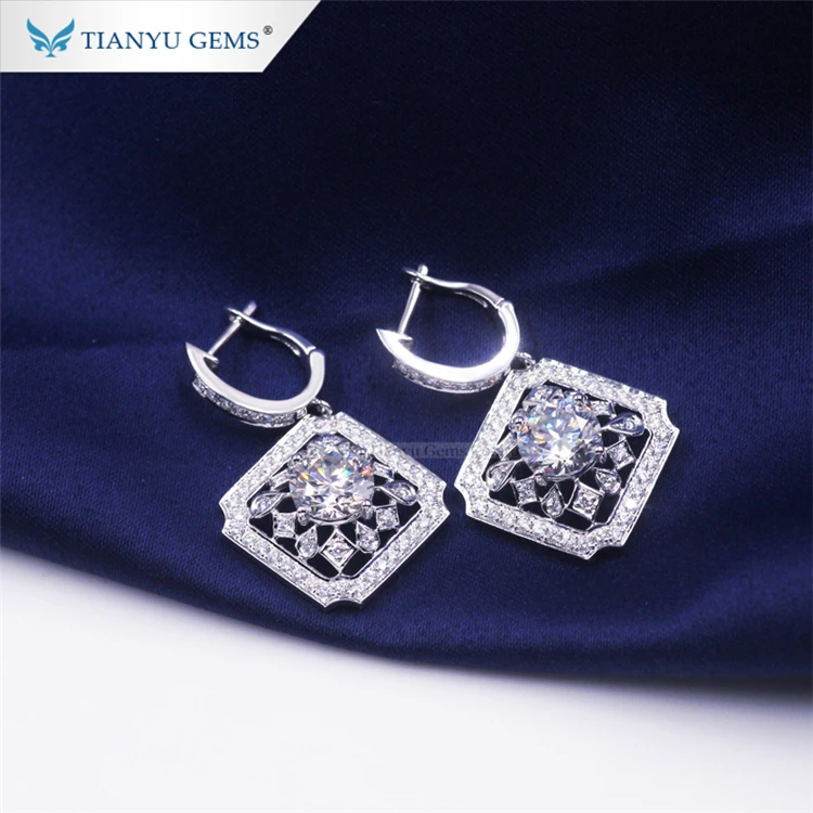 

Tianyu gems square shape long earring 10k pure white gold moissanite hanging earring