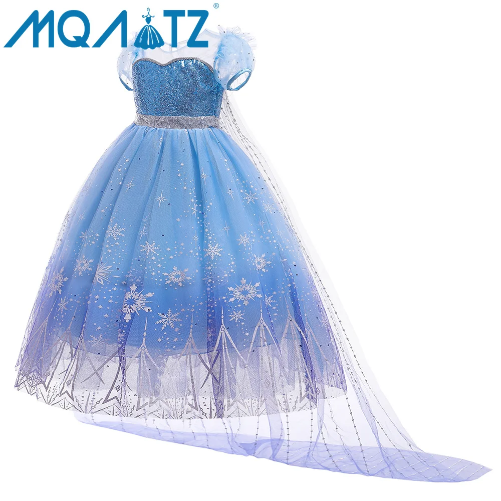 

MQATZ New Blue Elsa Anna Girl Party Dress Cosplay Dresses Up Princess With Long Cape BX1756