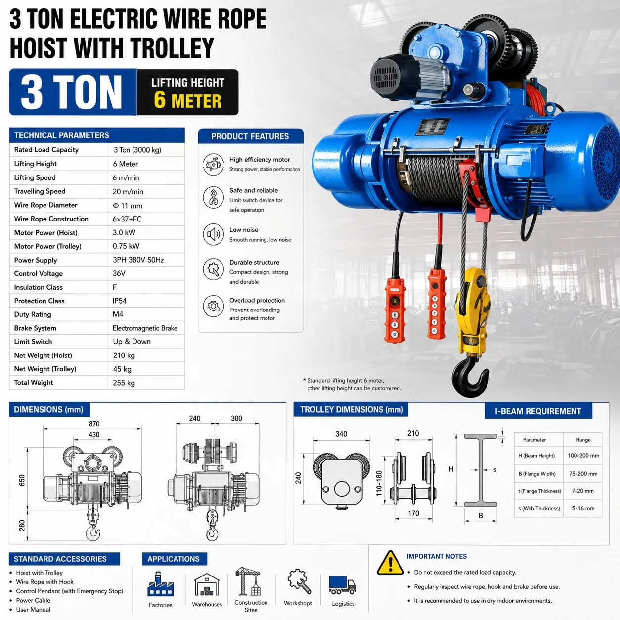 CD 3 ton wire rope electric hoist specification sheet