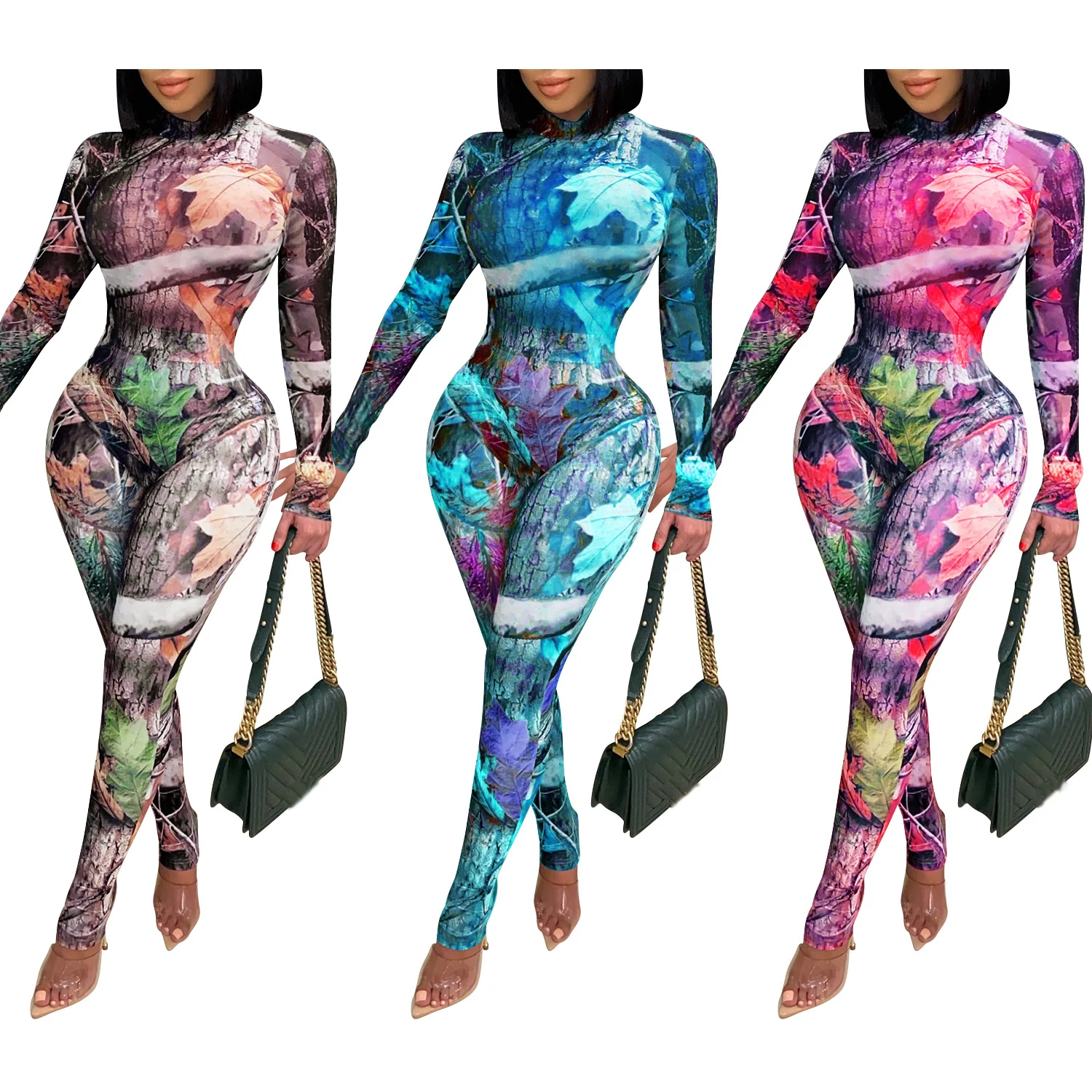 

FS1935D Hot sale mesh bodysuits rompers sets Women Fashion prints Jumpsuits
