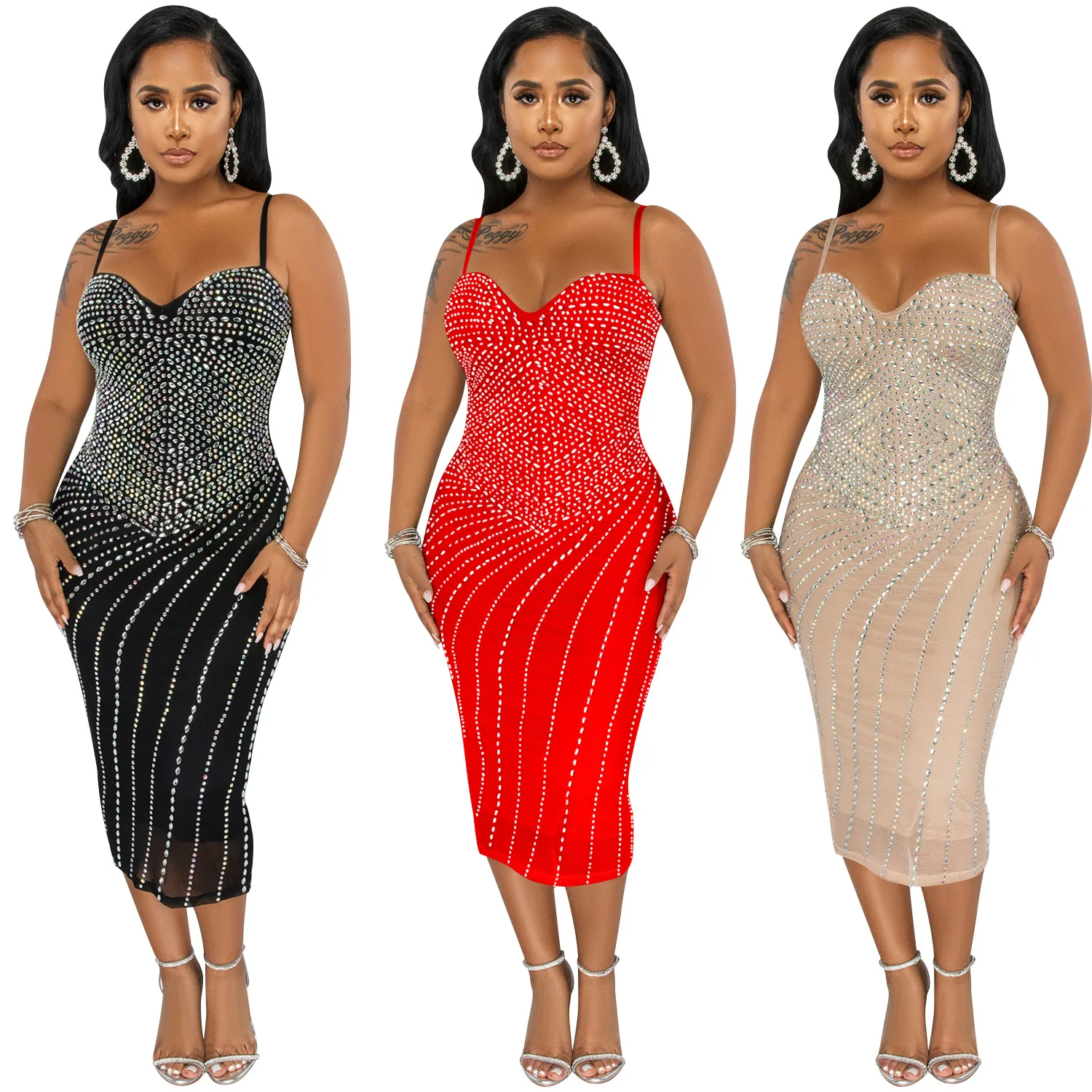 

C0401TA50 Factory Supply Sexy Sleeveless Rhinestone Bodycon Party Dress Women Sehe Fashion