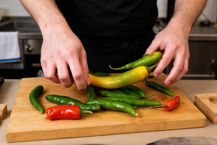 Chef preparing fresh salsa with serrano peppers and jalapeno peppers on cutting board