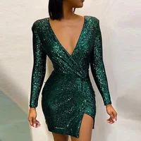 

2020 fashion long sleeve v neck lady elegant mini sexy party women sequin dress