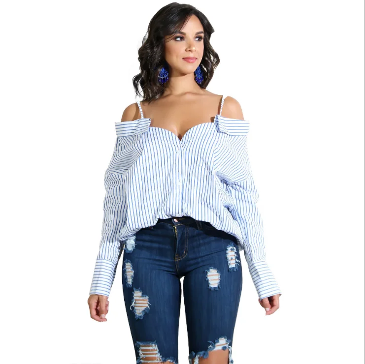 

Women Blue Striped Blouse Long Sleeve Off the Shoulder Tops Shirt Sexy Summer Casual Loose Blouses Button Up Shirts