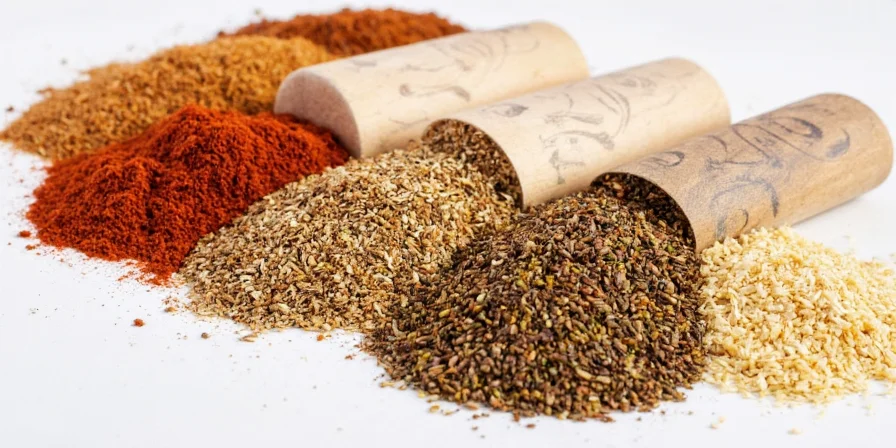 Traditional jerk spice blend ingredients laid out on a wooden table