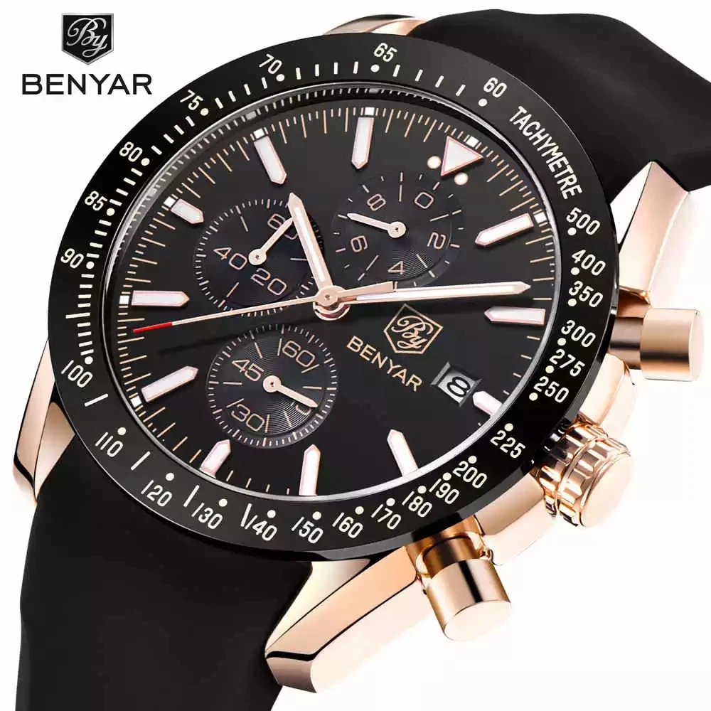 

BENYAR 5140 Men Quartz Watches Silicone Band Wristwatch 3atm Water Resistant Black Silicone Watch, 2 colors