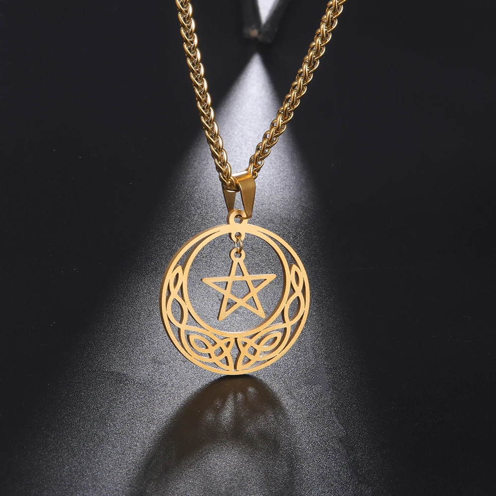 

Vintage Stainless Steel Celtic Knot Charm Jewelry For Women Pentagrams Pendant Necklace Real Gold Plated Pentacle Charms Gifts, Steel color, gold