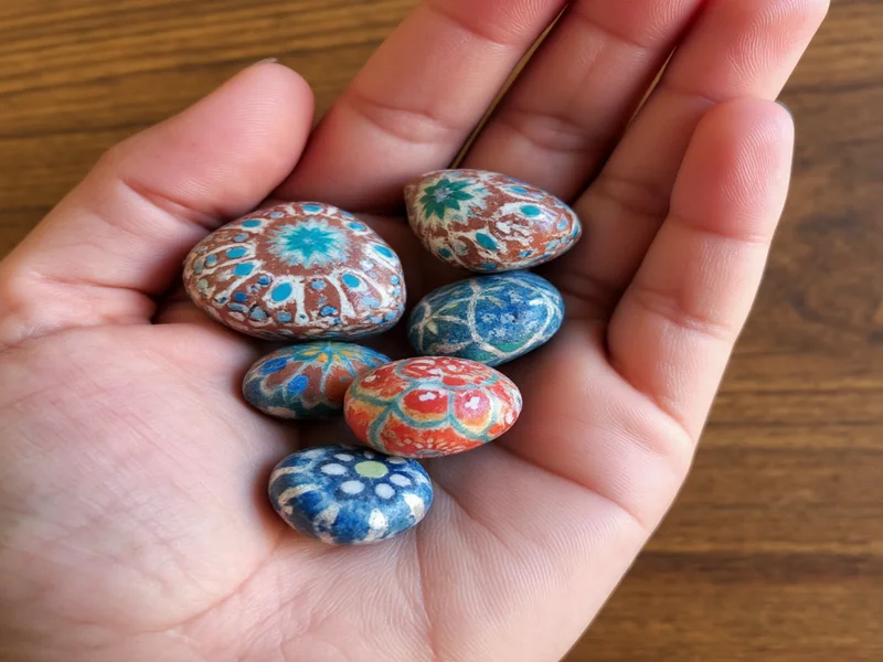 Hand holding painted pocket stones with geometric patterns