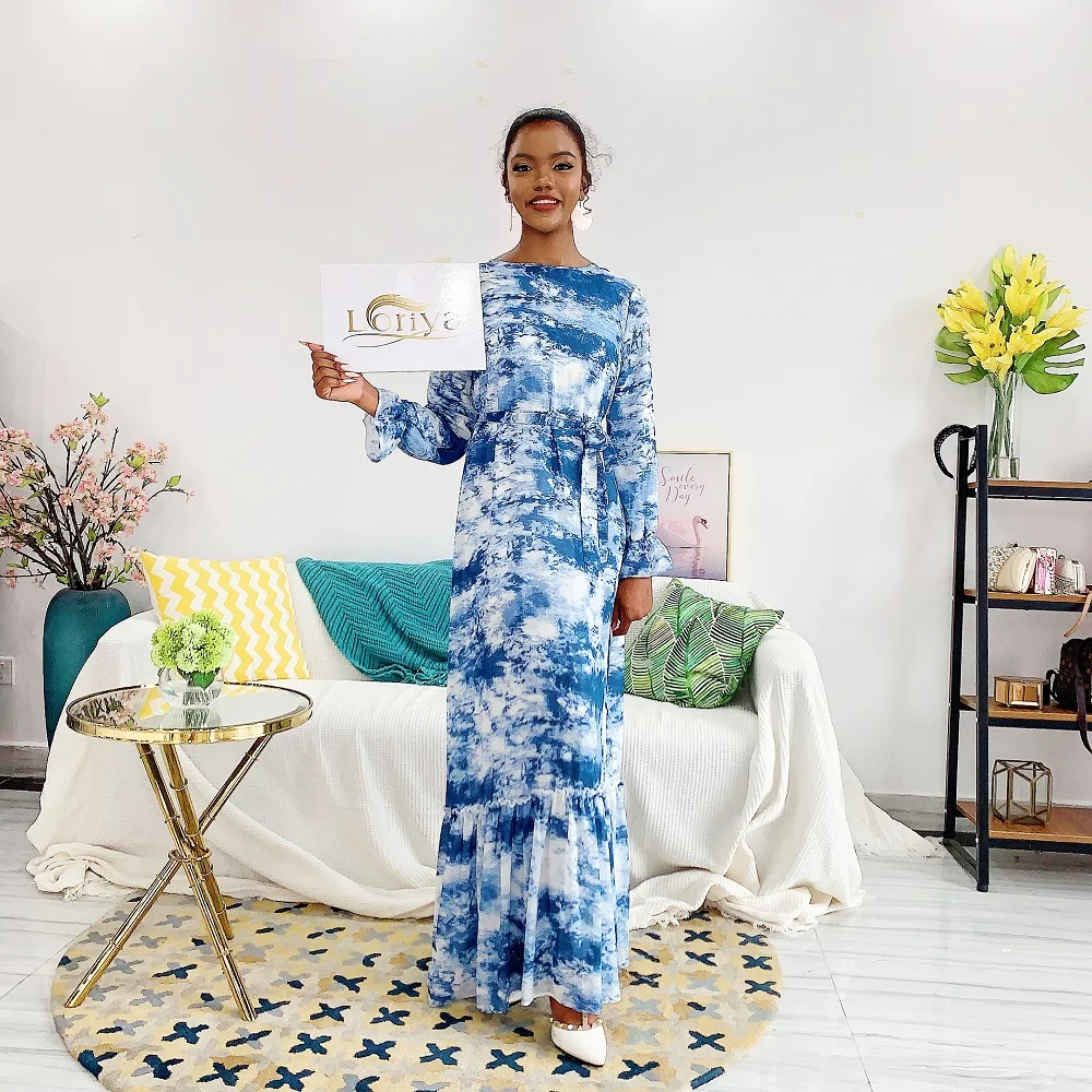 

Wholesale high quality women chiffon long dress fashion water print maxi Muslim dress Abaya, Blue