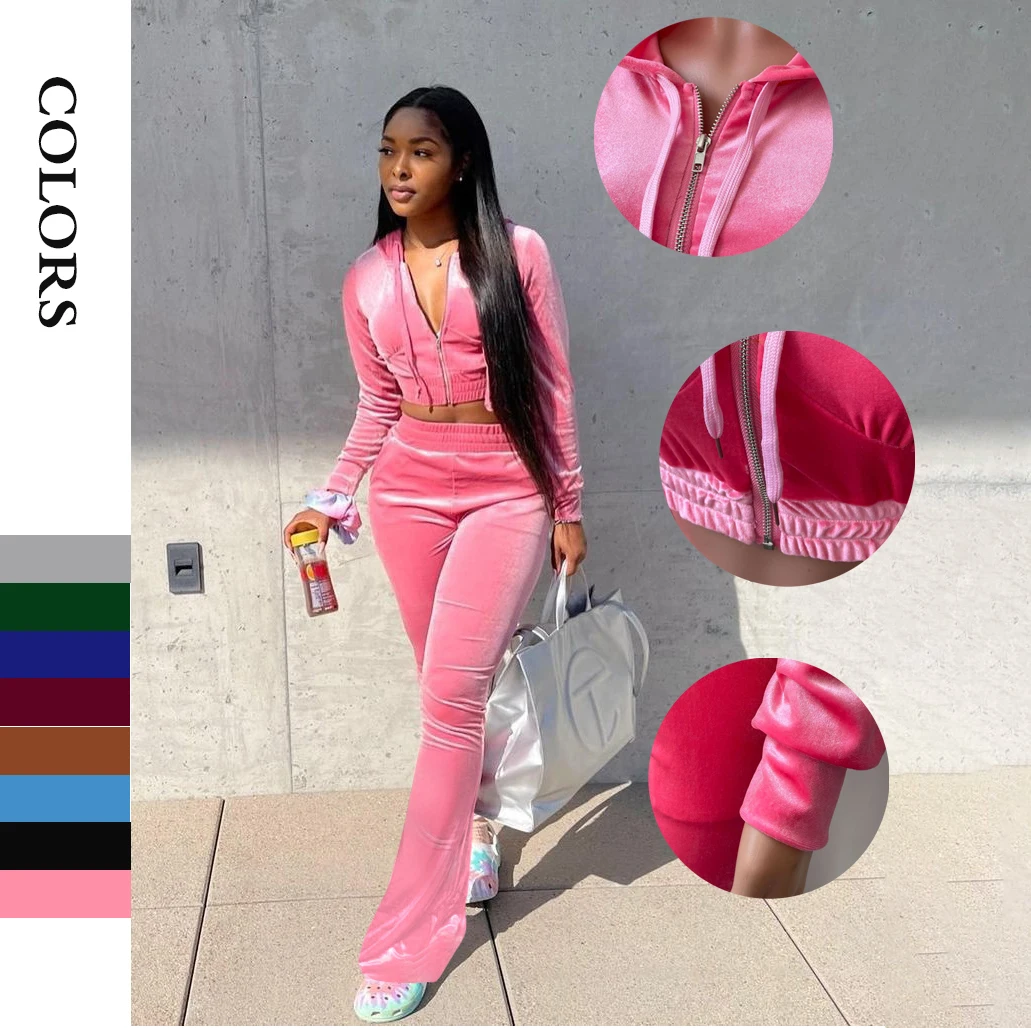 

2021 Spring Clothes Women 2 Piece Pant Set Winter Sexy Long Sleeve Two Piece Set Clothing Crop Tops Velvet Velour Tracksuits, 8 colors