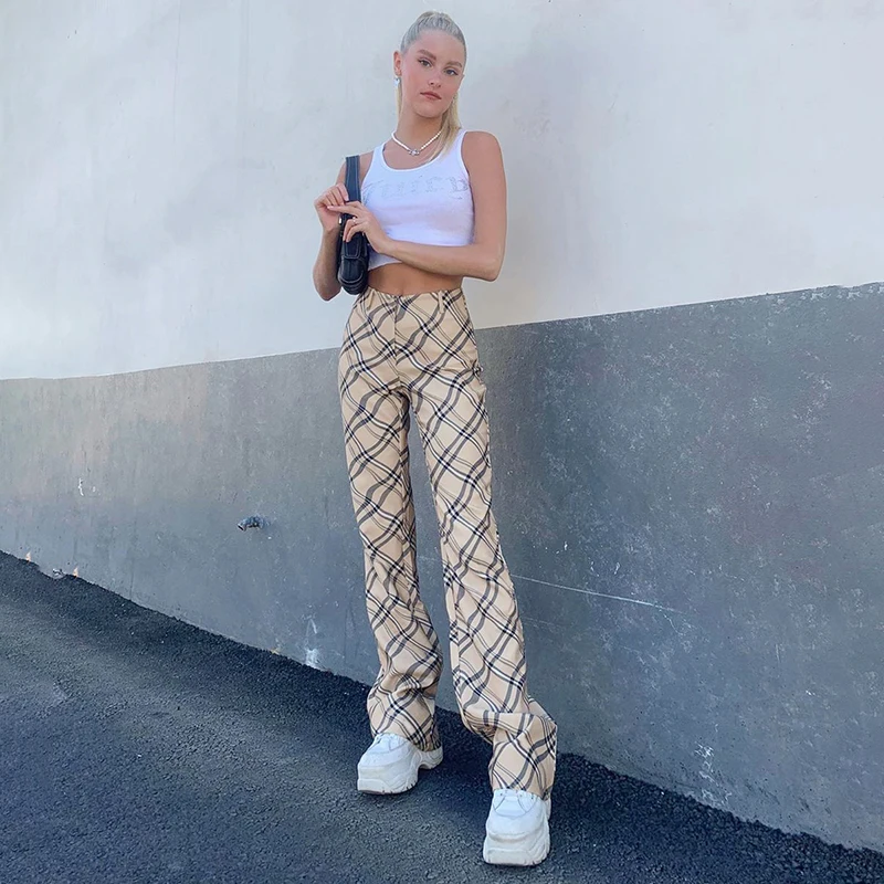 

2020 Fashion Women Checkered Print Straight Long Trousers Ladies High Waisted Pants Casual Skinny Streetwear