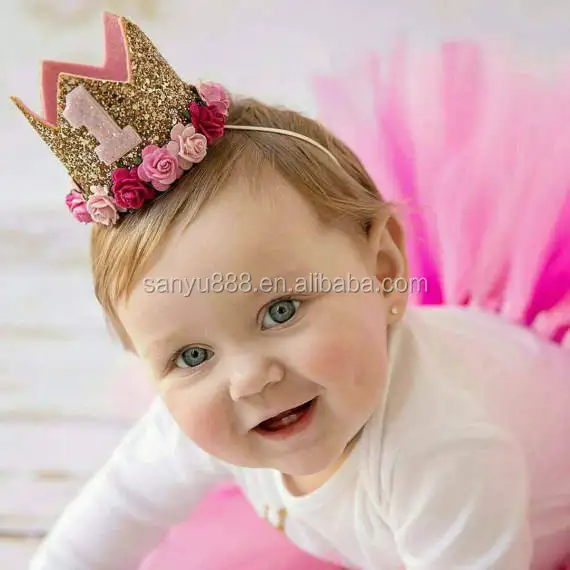 Baby 1st Birthday Party Princess Crown Flower Tiara Headband Boys Girls Hairband 