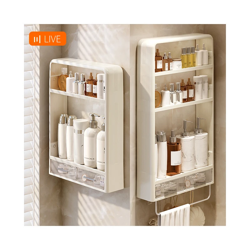 No-punch Wall Hanger Storage Shelf Toothbrush Towel Skincare Organizer Storage Rack 3 Tier Towel Storage Rack for Bathroom