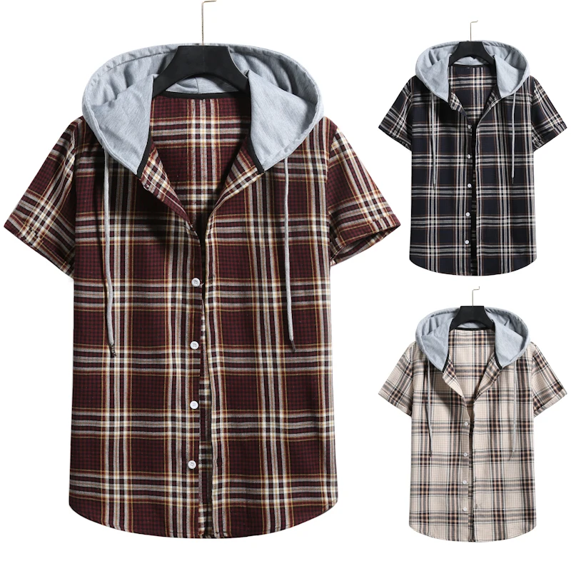 

Men's short-sleeved shirt summer new couple hooded fashion trend striped plaid short-sleeved shirt, Custom color