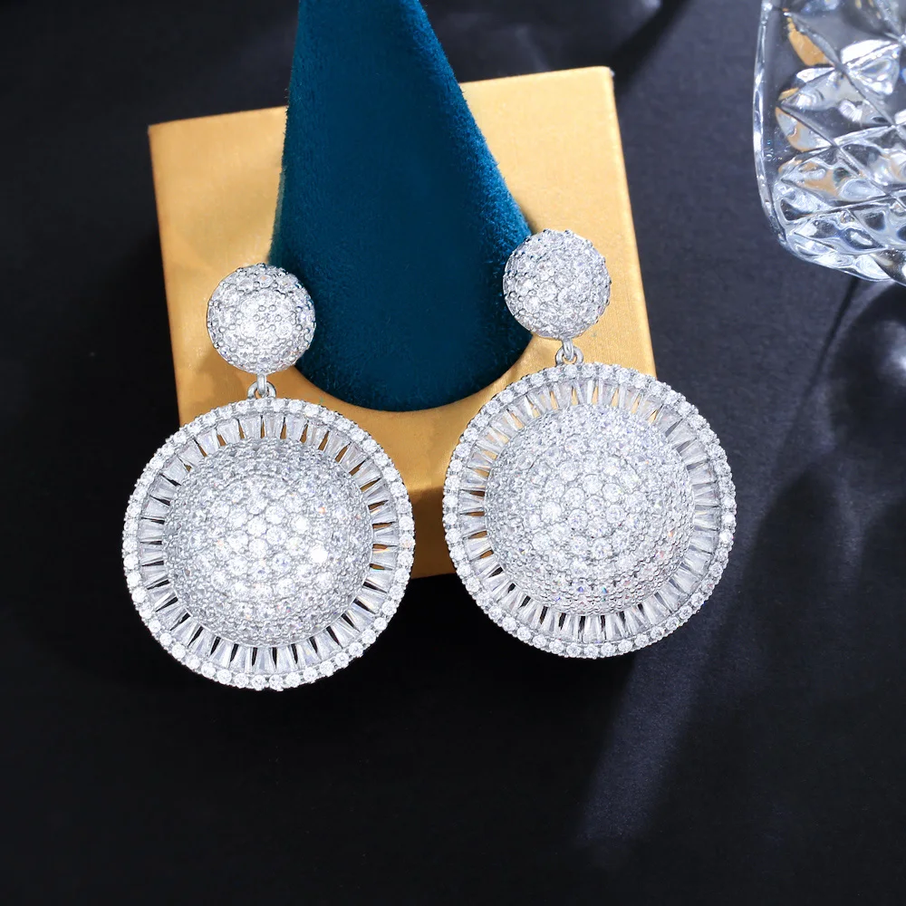 Full Micro Pave Cubic Zirconia Stone Big Round Dangle Drop Women Wedding Event Dress Earrings Luxury Dubai Jewelry
