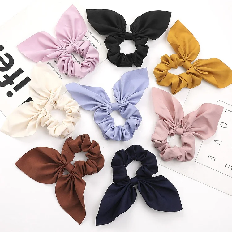 

MIO Hot Selling Elastic Silk Feeling Scrunchie Bunny Ponytail Fixer Soft Fabric Pure Color Satin Silk Bow Rabbit Ear Hair Tie