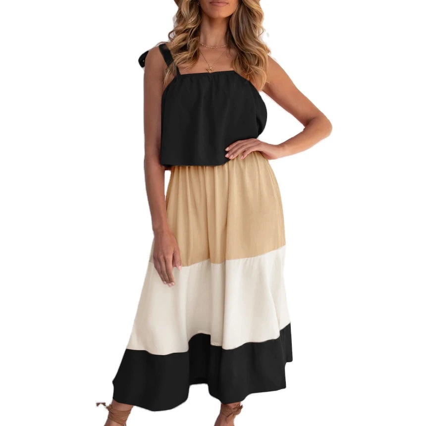 

Wholesale customizationSexy sling stitching contrast color long dress beach dress