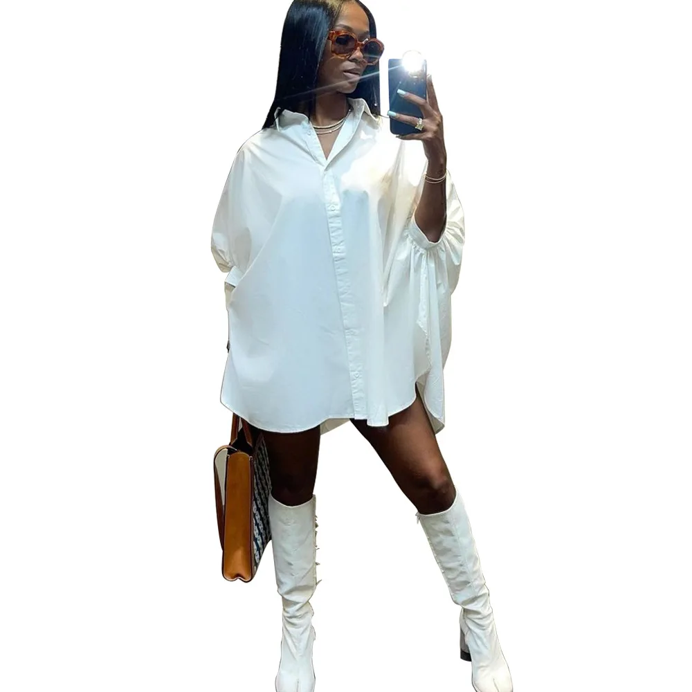 

New Arrivals batwing sleeve dress v neck shirts Solid white dress shirt loose shirt dress