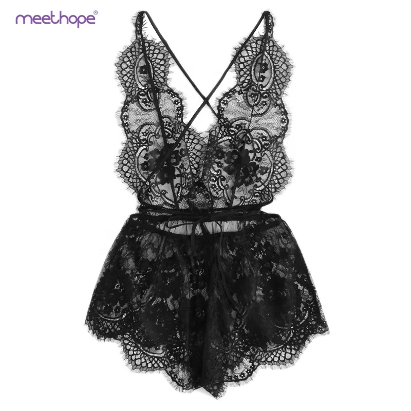 

High Quality large Size Black Eyelash Lace V Neck sexy Silk Lingerie bodysuit for girls, As customer's require