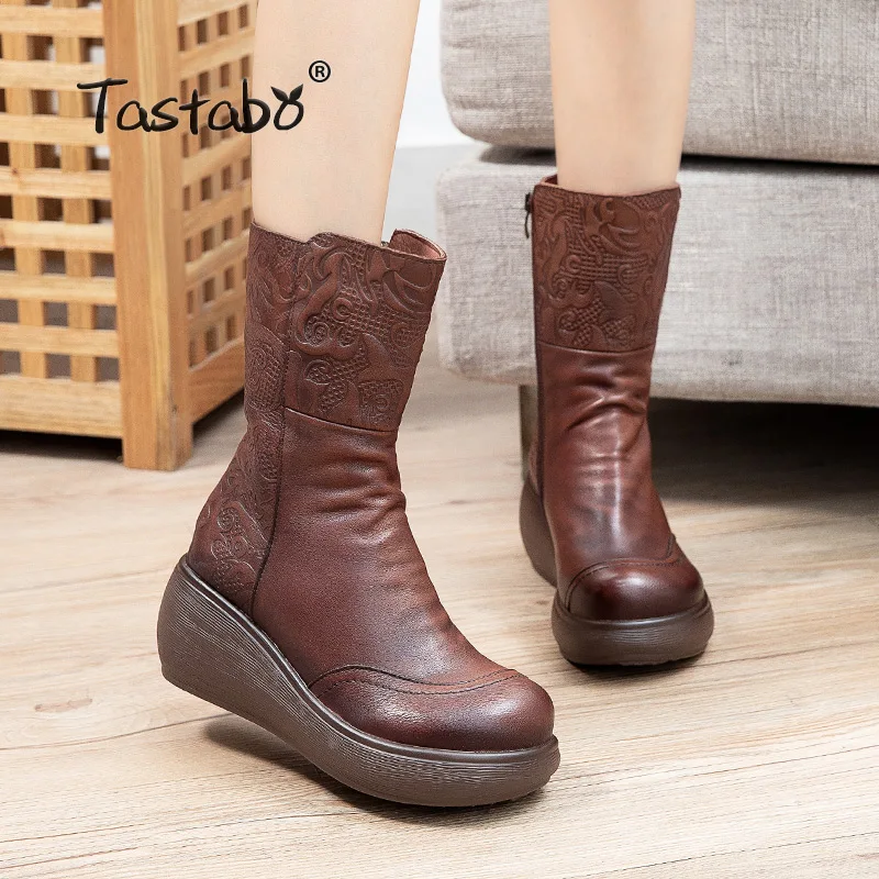 

Real Leather Short Boots Women Fashion Platform Warm High Heel Winter Shoes Woman Casual Daily Boot Footwear A1907-6